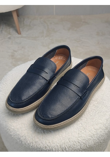 Muggo Harnaz Bağcıksız Hakiki Deri Erkek Günlük Casual Ayakkabı Lacivert