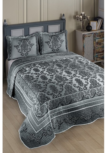Sophia Gri Çift Kişilik Kapitone Yatak Örtüsü