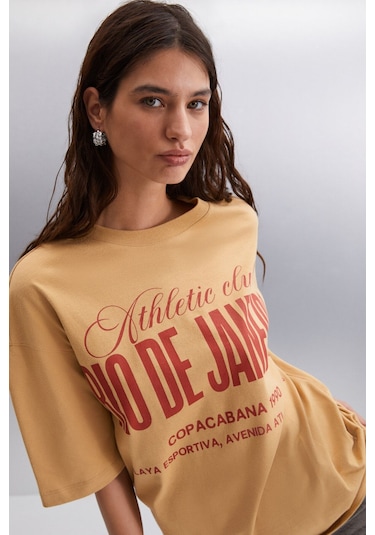 GRIMELANGE Malıka Kadın %100 Organik Pamuklu Şehir Tema Baskılı Oversize Bisiklet Yaka Bej T-shirt Bej