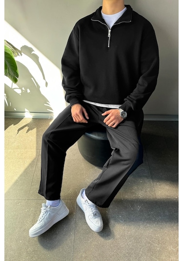 Flaw Half Zip Oversize Polo Yaka Sweatshirt Siyah Sİyah