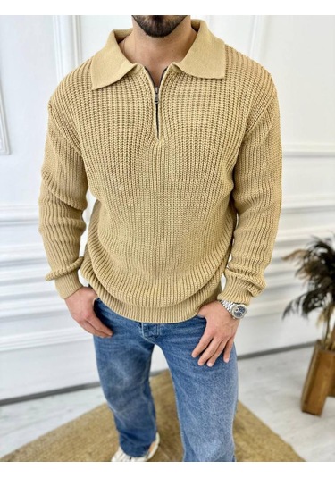 Kazak Oversize Tüylenmez Naturel Pamuk Fermuarlı Polo Yaka Örme Triko Kazak Kahverengi