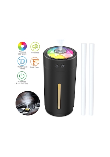 Hangfox 300ml Mini Usb Nemlendirici: 7 Renkli Led Işık, Çift Buhar Modu, Sessiz Çalışma, Su Yokken Otomatik Kapatma - Bebek Odası, Yatak Odası, Ofis, Araba İçin Siyah