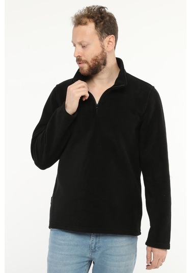 Uniprom Erkek Normal Kesim Dik Yaka Yarım Fermuarlı Polar Sweatshirt Siyah