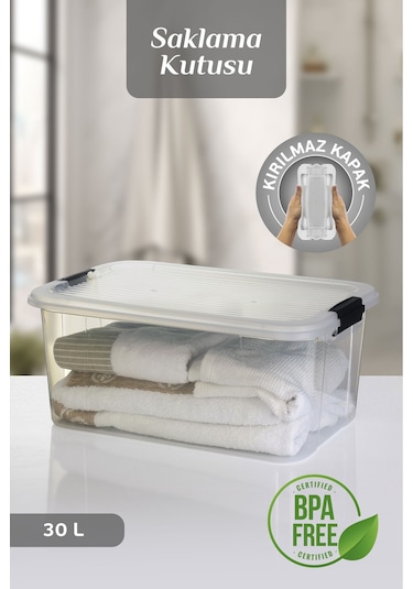 30 Lt Multibox Saklama Kabı - Kilitli Kapaklı Çok Amaçlı Düzenleyici Kiler Depolama Saklama Kutusu Şeffaf