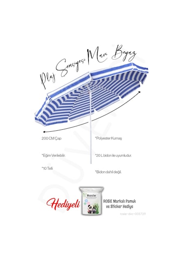 Plaj Şemsiyesi 10 Telli 200 Cm Çap Mavi Beyaz Eğim Verilir Bidonsuz Ve Rosie Hediye Mavi - Beyaz
