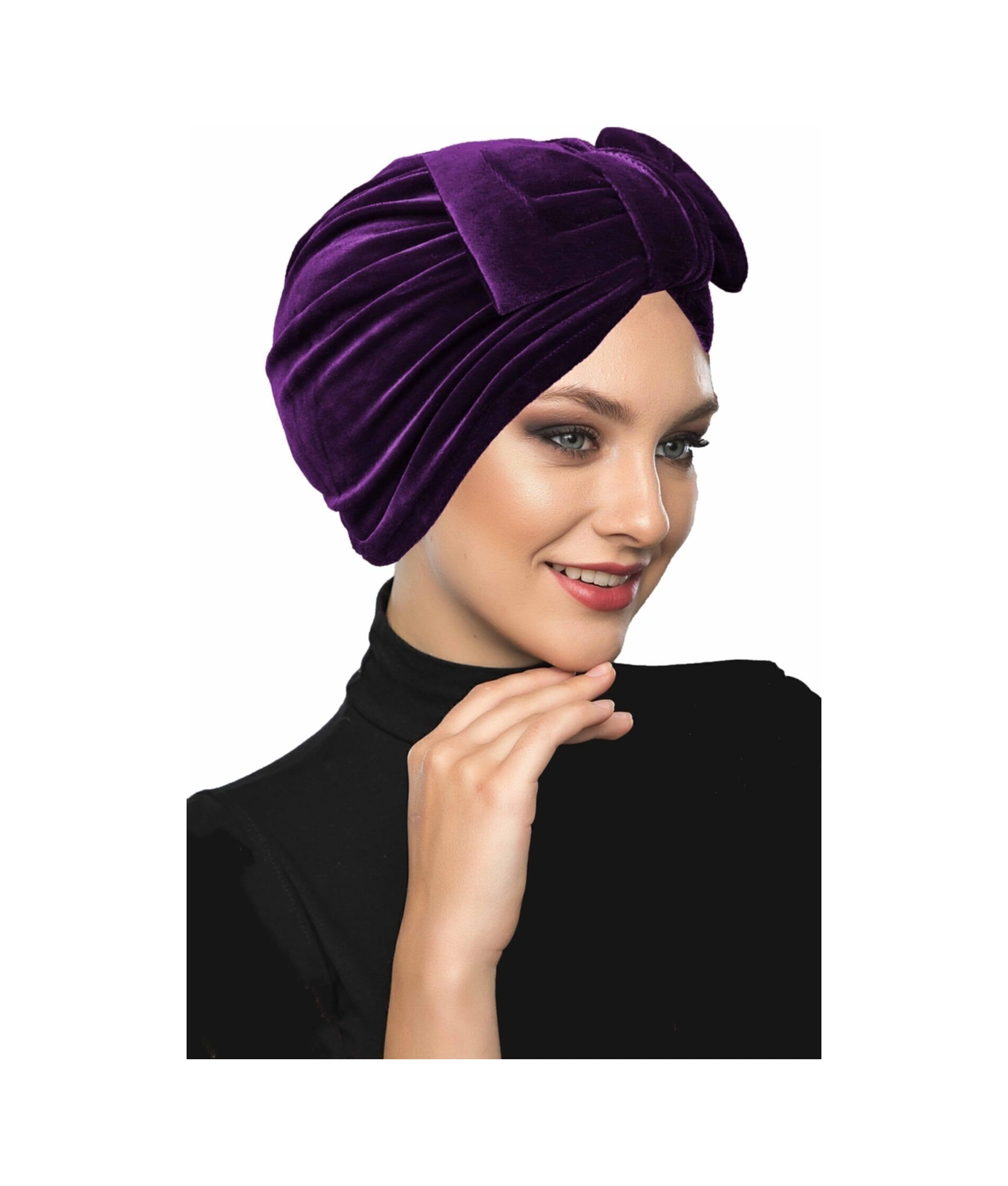 Kadife Fiyonklu Astarlı Mor Hazır Türban Tesettür Bone Mor