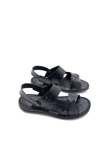 Hakiki Deri Tam Ortopedik Masajlı Siyah Erkek Sandalet Siyah