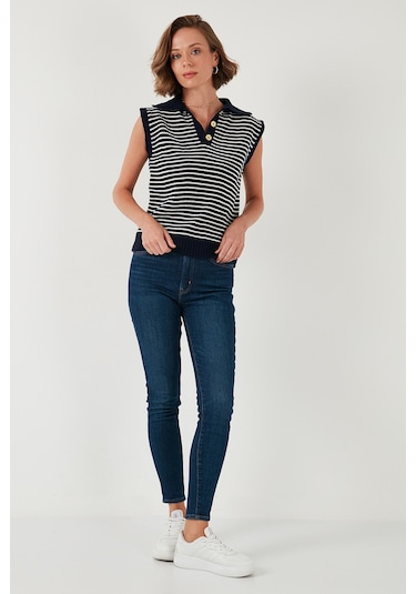 Lela Çizgili V Yaka Triko Bayan Süveter 4616171 Lacivert-Krem