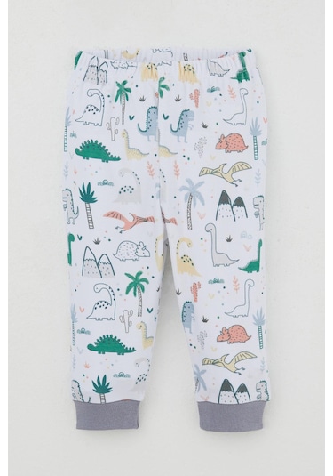 Breeze Erkek Bebek Eşofman Takım Omuzdan Patlı Sevimli Dinozorlar Desenli 4 Ay-1 Yaş, Beyaz Beyaz