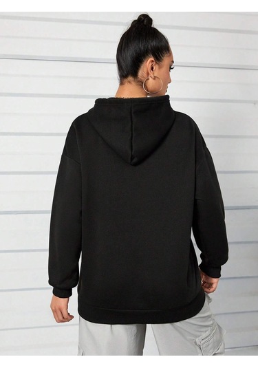 Coke Serisi Letter Graphic Drop Shoulder Drawstring Hoodie-trzksw546 Siyah
