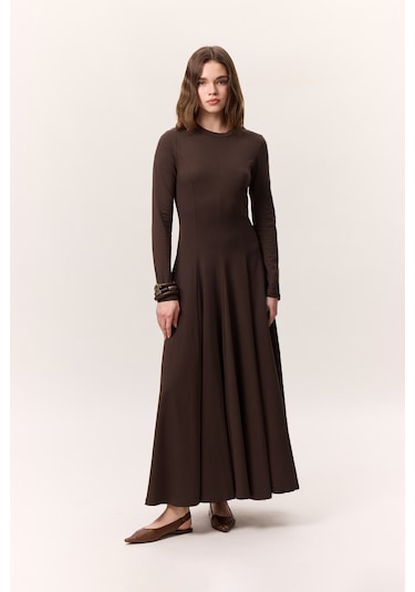 Kuplu Uzun Kollu Elbise Kahverengi Kahverengi