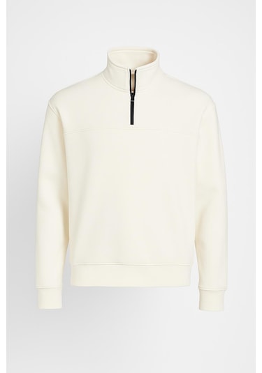 Classics Men Unisex Relax Fit Rahat Kesim Pamuklu Yarım Fermuarlı Dik Yaka Sweatshirt Ekru Ekru