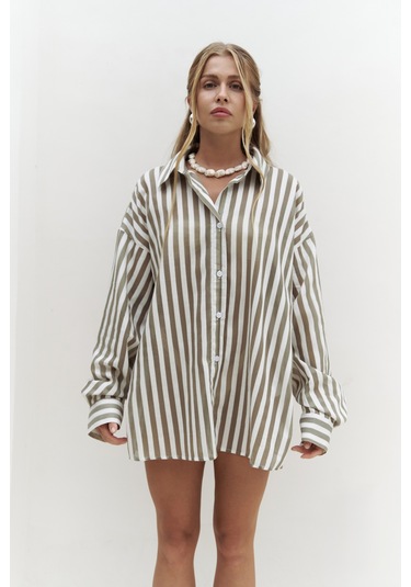Rosy Transparan Çizgili Haki Oversize Gömlek Haki