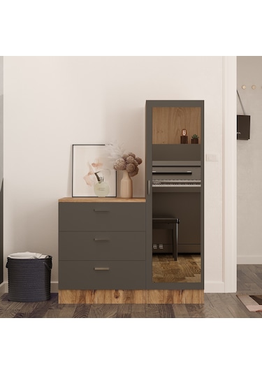 Robin Home Lyana Aynalı Şifonyer Gardırop Çam-Gri