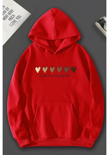 Unisex Kalp Baskılı Oversize Sweatshirt Kırmızı
