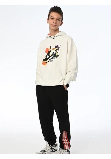 Erkek Çocuk Spor Ayakkabı Baskılı Kapüşonlu Sweatshirt-13543 Ekru