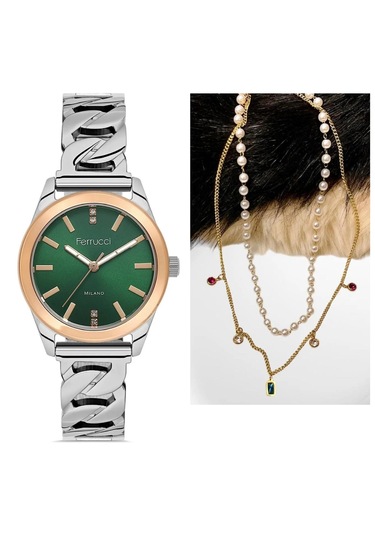 Ferrucci Fc 63536 Çelik Kadın Kol Saati+%100 Çelik&incili Kolye
