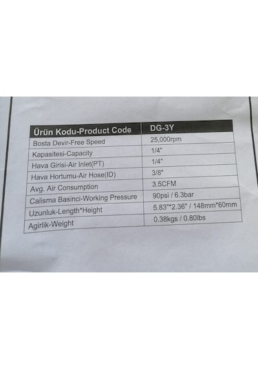 Sappower Dg-3K Havalı Kalıpçı Taşlama Seti (Vızvız)