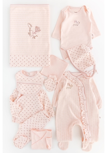 Çiçek Desenli Fırfırlı Pamuklu 10 Parça Kız Bebek Hastane Çıkışı Bebek Takımı Somon