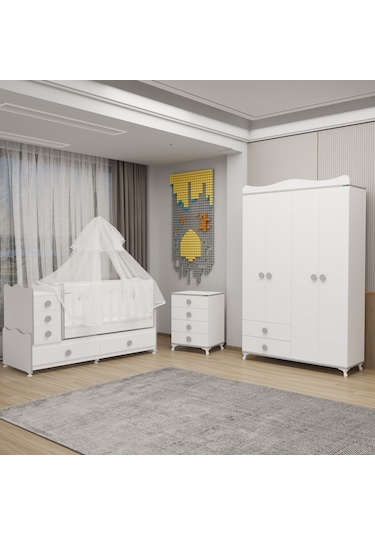 Melina Yıldız 4 Kapaklı Bebek Odası + Yatak + Uyku Seti - Gri Beyaz