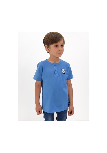 Luess Erkek Çocuk Nakış Detaylı Hakim Yaka Tshirt-mavi Mavi