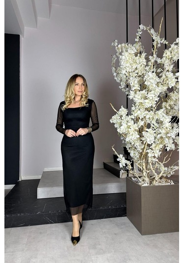 G0844 Kare Yaka Tül Elbise Siyah-siyah Siyah