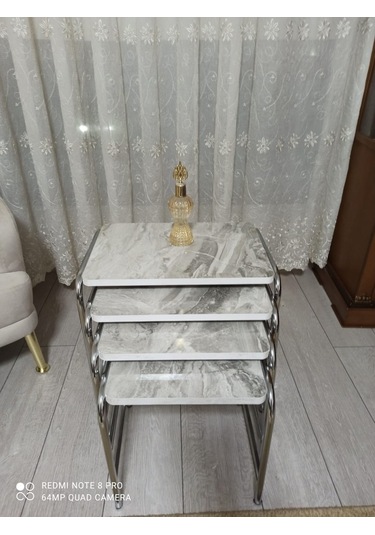 Zigon Sehpa Nikelaj Kaplama Metal Ayaklı Alaca Beyaz Mermer Dese
