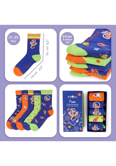 Milk&moo Ponix Çocuk 5'li Çorap Seti, 31-35 Numara, Yumuşak Ve Eğlenceli Tasarım Mor