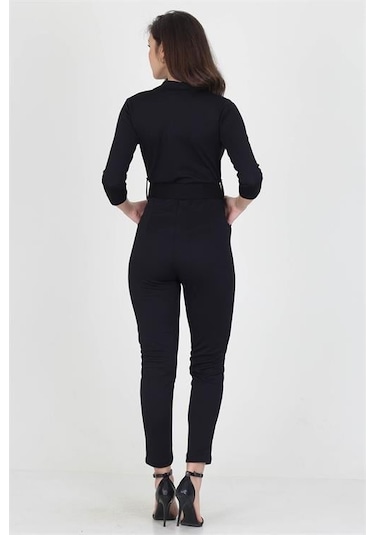 Kadın Kemerli Likralı Cepli Tulum Dpnb0007 Siyah