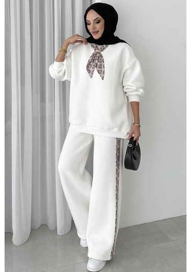 Fularlı Üç İplik İkili Takım 1654 - Beyaz Beyaz