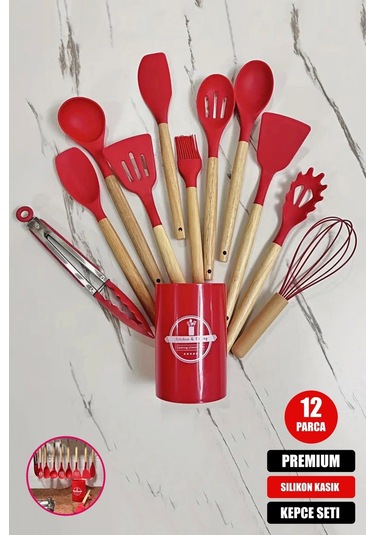 Tilbe Home 12'li Silikon Kevgir Kepçe Kaşık Fırça Spatula Çırpıcı Maşa Servis Seti Bambu Kırmızı Mut
