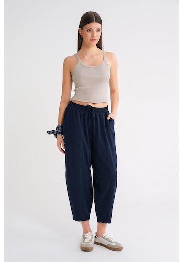 4307 Kadın Beli Lastikli Parçalı Şalvar Pantolon Lacivert Lacivert