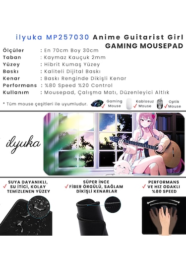 70x30cm Anime Guitarist Girl İlyuka Büyük Boy Xl Gaming Mousepad