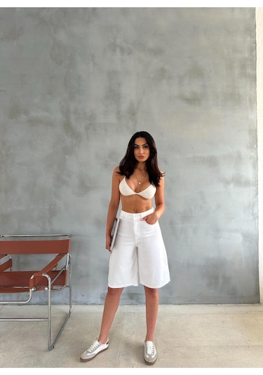 White Denim Bermuda Şort Beyaz