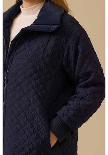 Galaxi Kadın Büyük Beden Kapitone Fermuarlı Pardesü 4002 Lacivert Lacivert