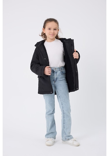 Freemen Kız Çocuk Siyah Kürklü Su Ve Rüzgar Geçirmez Kapüşonlu 3 Kışlık Mont Siyah