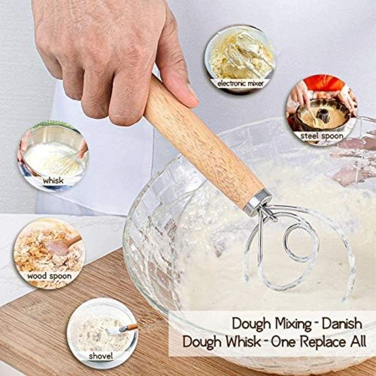 Yaleker Hessenwood Hamur Karıştırıcı Seti: 2 Paslanmaz Çelik Mikser + 2 Pizza/sourdough Hamur Spatula - Ahşap + Yeşil Tasarım Gümüş