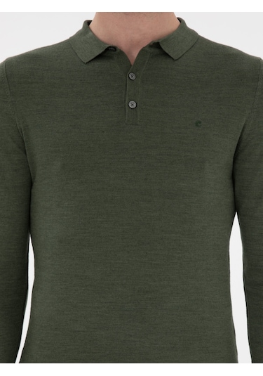 Cacharel Haki Slim Fit Yün Karışımlı Polo Yaka Basic Triko Kazak Yesıl