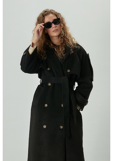 Manuka Premıum Kemerli Trench Kaban Siyah