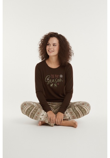 Luxury Thermal Season Geyik Desenli Kadın Polar Kışlık Pijama Takımı 42059 Kahverengi