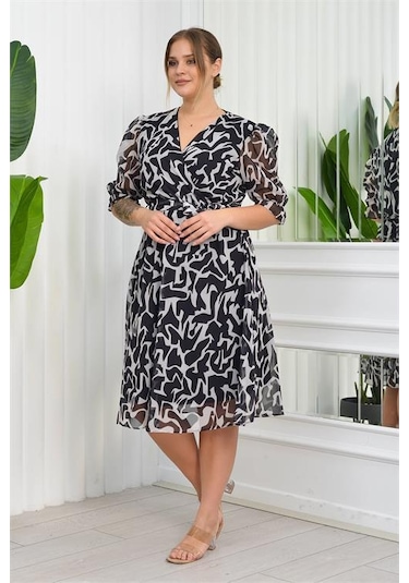 Dip Moda Kadın Büyük Beden Desenli Şifon Elbise Dpnb8063 - Siyah Siyah