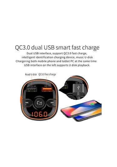 Bc52 Qc3.0 Hızlı Şarj Araba Renkli Atmosfer Işık Bluetooth Mp3 Çalar Fm Verici