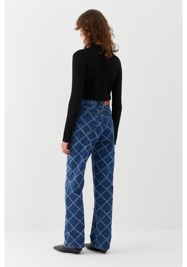 Baklava Desen Jean Pantolon Mavi Mavi