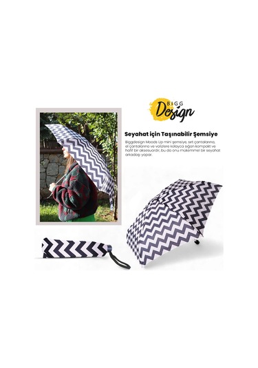 Biggdesign Moods Up Siyah Beyaz Zikzaklı Manuel Mini Şemsiye - Rüzgara Dayanıklı, Hafif, Renkli Tasarım Çok Renkli