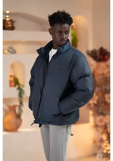 Oversize Bol Kesim Dik Yaka Fermuar Kapamalı Şişme Mont Lacivert