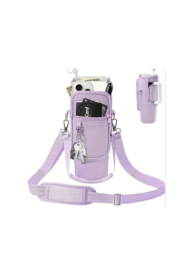 Mor Telefon Cepli Su Şişesi Taşıma Çantası - Açık Havada Seyahat Ve Spor İçin Ayarlanabilir Omuz Askısı Mor
