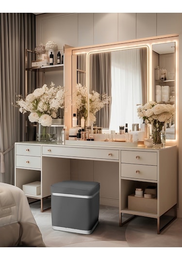 Zengo Silver Twin Line Kare Puf -gri Kumaş, Dekoratif Makyaj Masası Pufu-modern Style