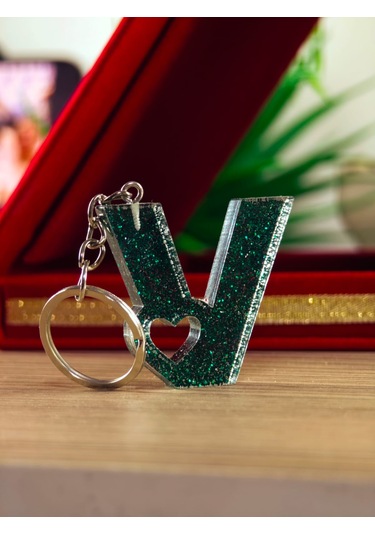 Harfli Anahtarlık Epoksi Kişiye Özel Yapım El Yapımı Harf Anahtarlık Kalp Model Özel Tasarım Hediyelik Ürün Kalp Desenli Simli Anahtarlık Beyaz - Mavi