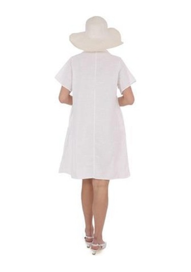 Yarım Kol V Yaka Keten Elbise-9164 Beyaz