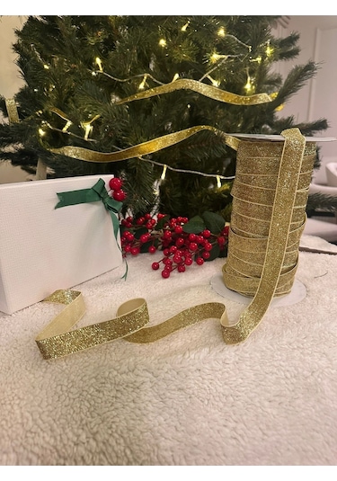 Yılbaşı Gold Simli Kadife Şerit Noel Çam Ağaç Süsü 5 Mt
